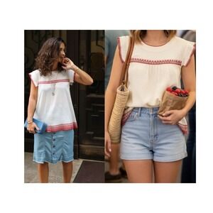 The Great Cotton Embroidered Peasant Boho Top Large Ivory Red Folk Embroidery